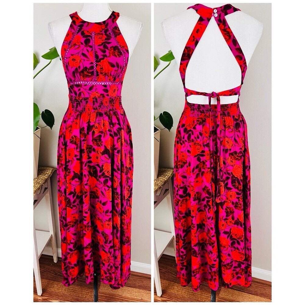 Anthropologie Abel the Label Hot Pink & Red Floral Halter Top Long Maxi Dress XS